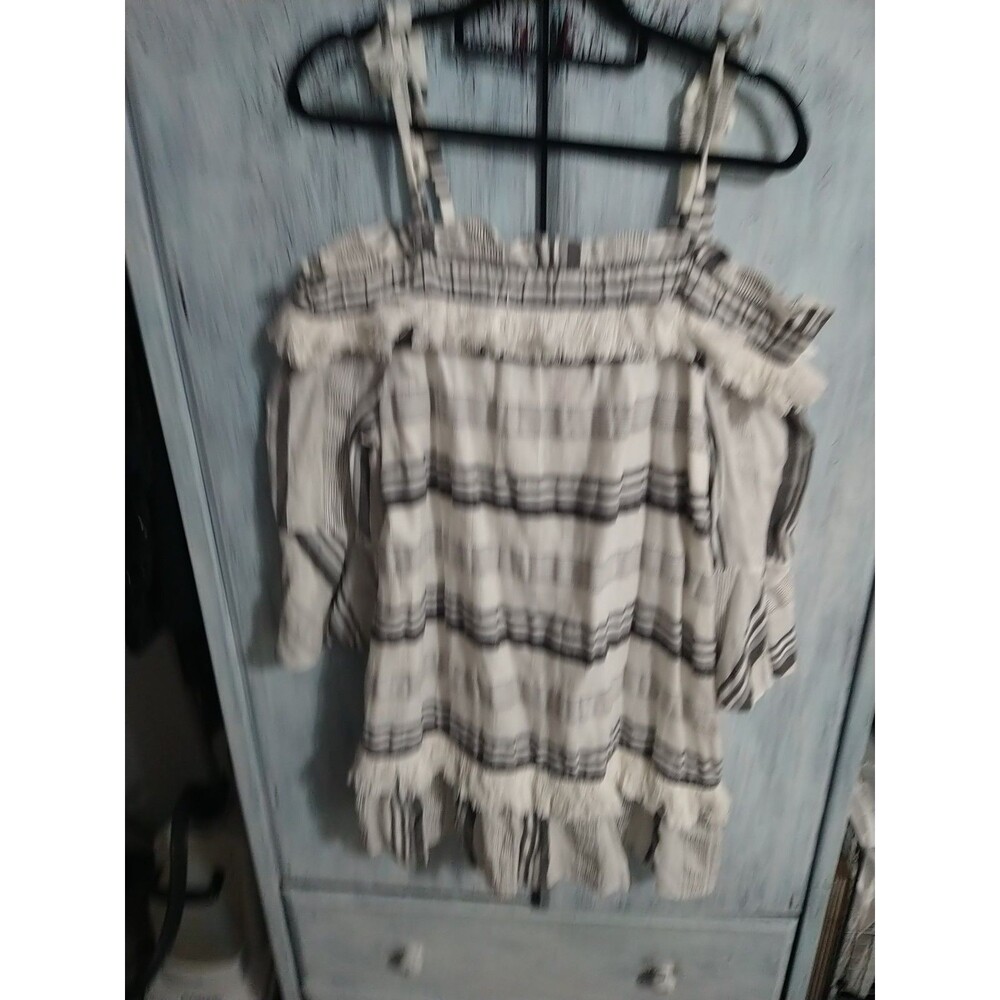 Rachel Zoe Linen Striped Fringed Flared Mini Dress Medium Boho Cottage Core